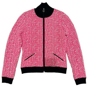 Chanel 19B Coco Neige Ski Pink Quilted Black Logo Wool Cardigan Zip Up Jacket 38